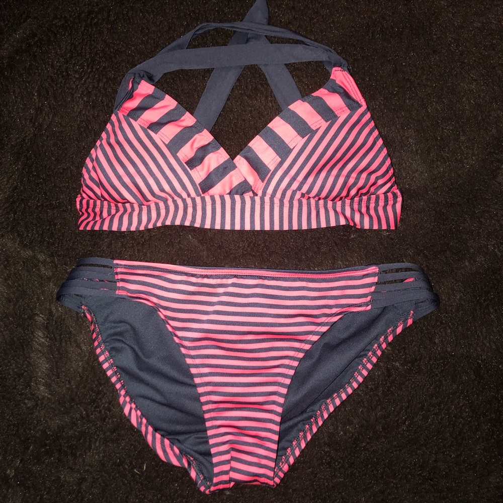 Pink & Gray Stripe Athletic Bikini Set